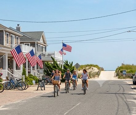 Cyclists riding past shore homes toward the beach